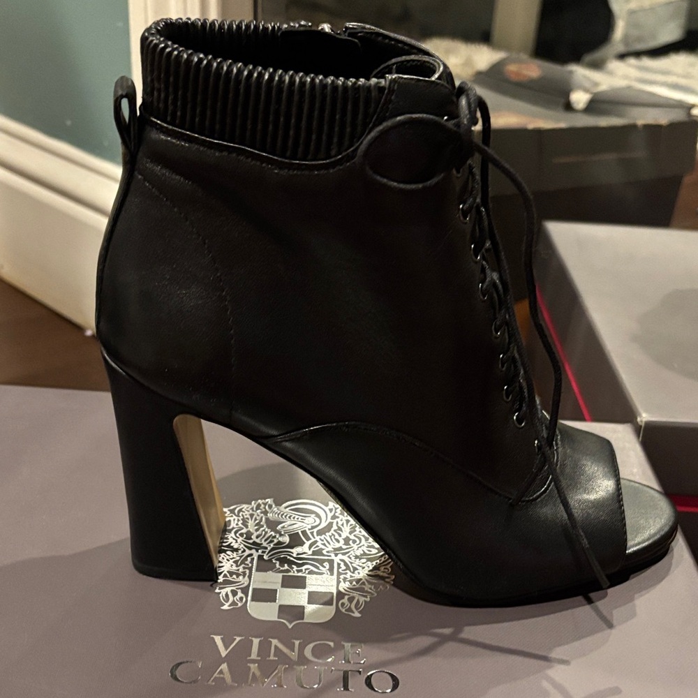 Vince Camuto Black Peep-Toe Lace-Up Boots